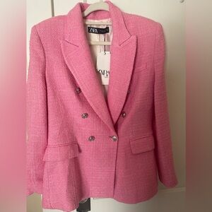 Zara double breasted blazer fitted structured pink silver buttons